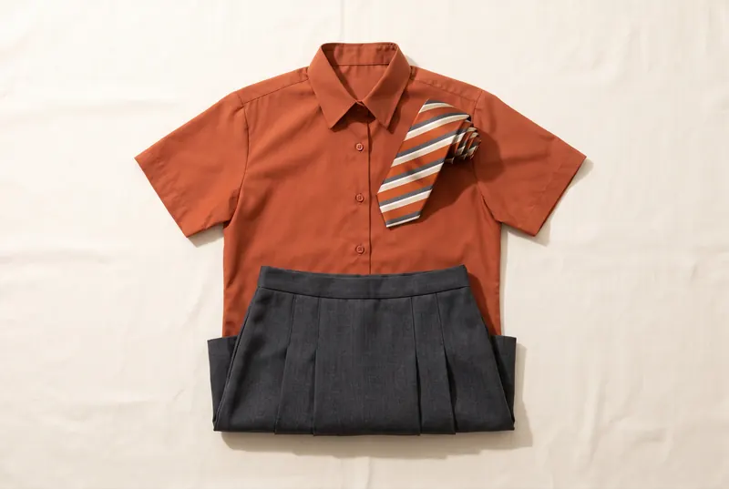 The Kaylz Academy uniform laid out: shirt, tie and pleated skirt.